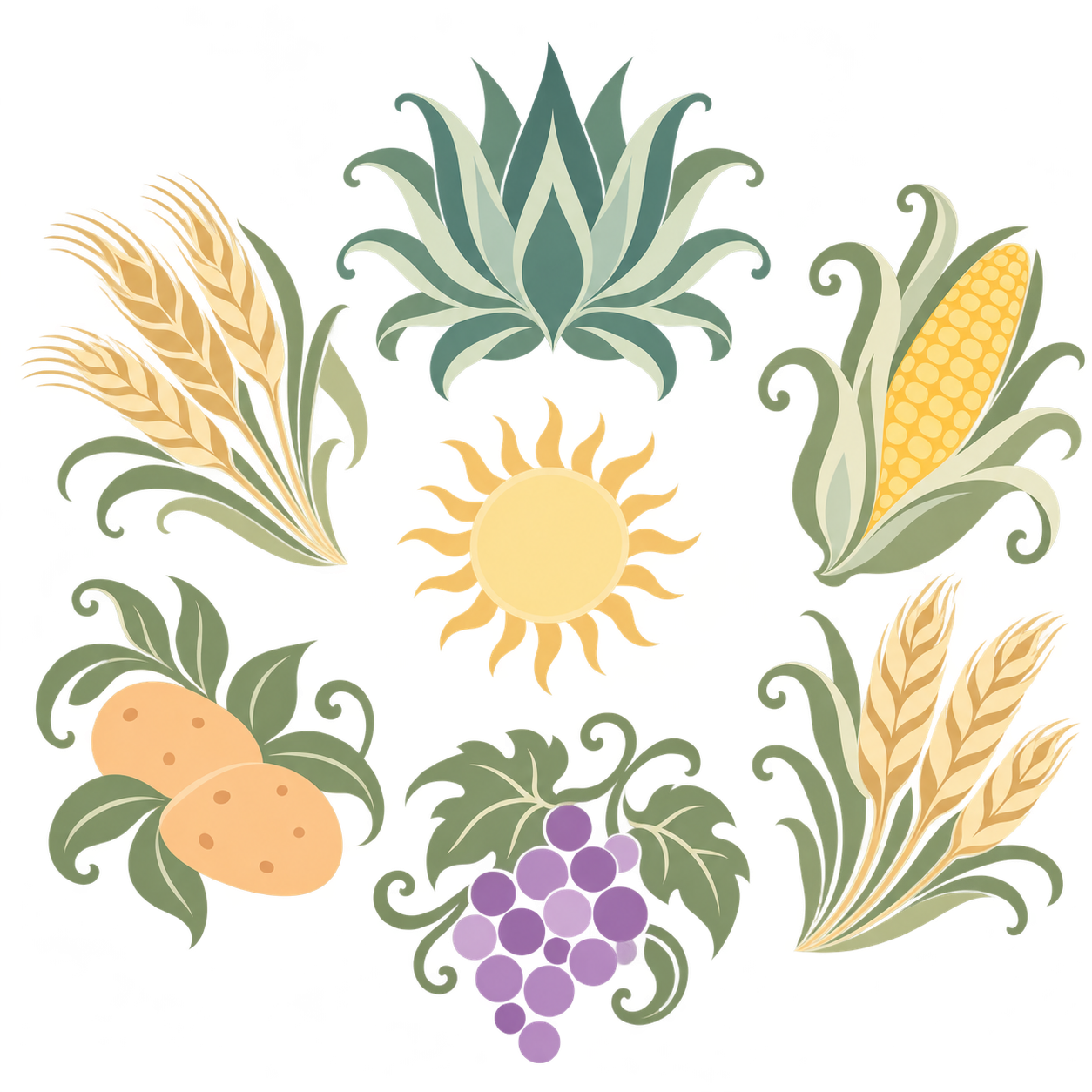 Flowing pastel shapes of agave, corn, wheat, barley, potatoes, and grapes arranged around a central sun